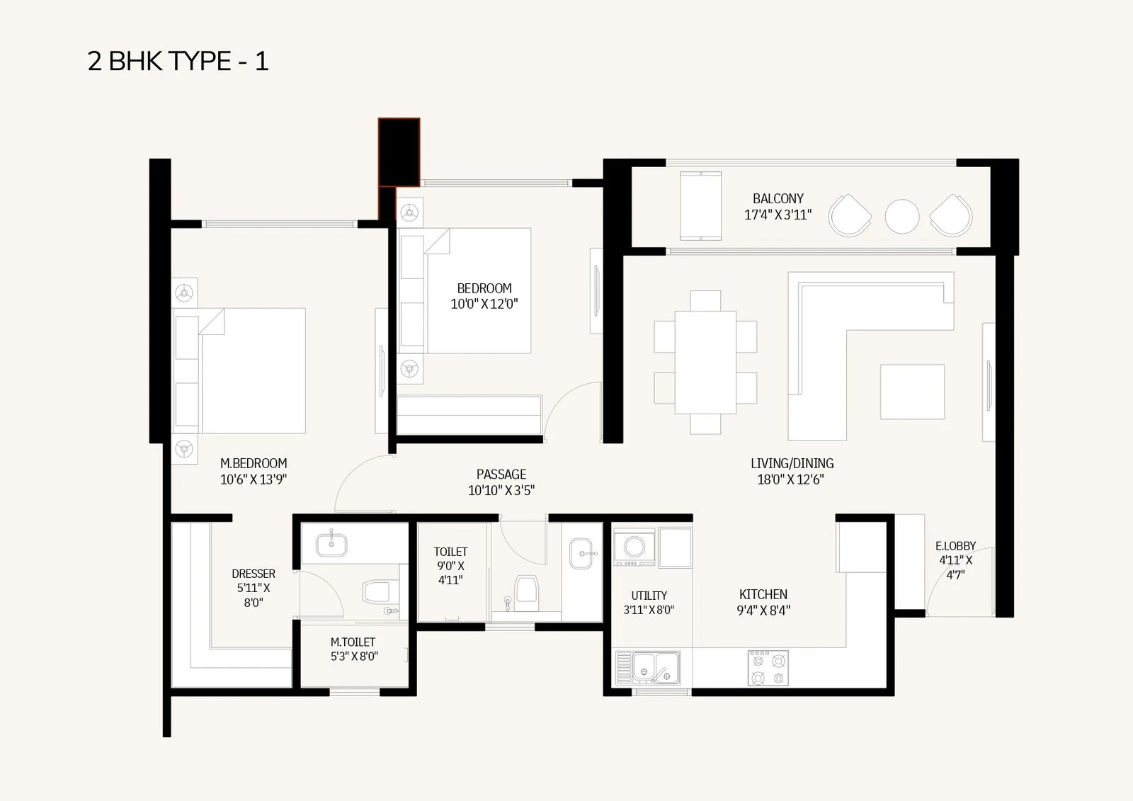 Original 2 BHK Type 1 plan showing room dimensions, dresser and balcony