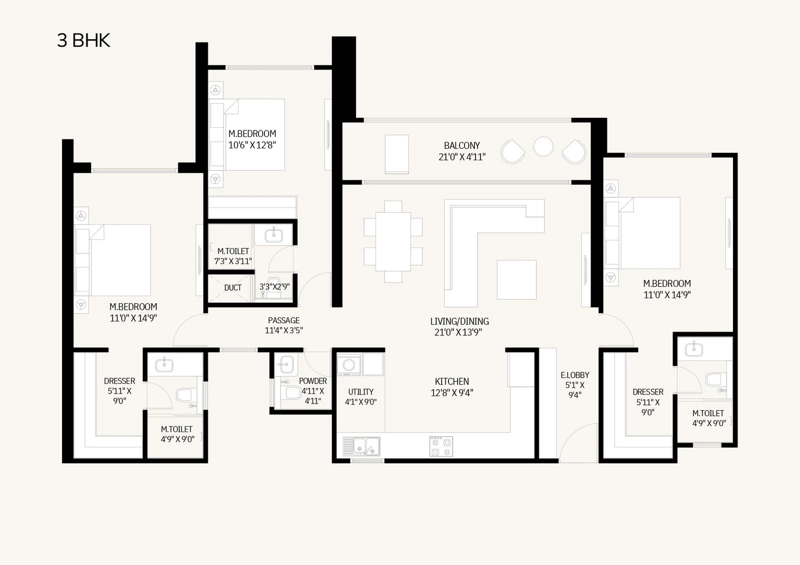 Original 3 BHK floor plan showing three bedrooms, dressers, living-dining area, balcony, utility and powder room